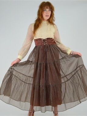 1960/70s Vintage Cream and Brown Maxi Dress corset lace up